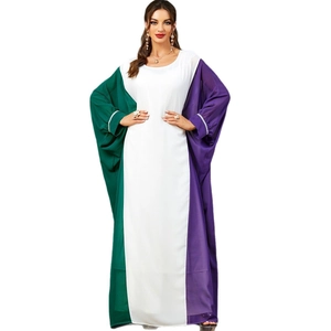 Three-color contrast stitching long robe dress with sequined batwing sleeves and round neck
