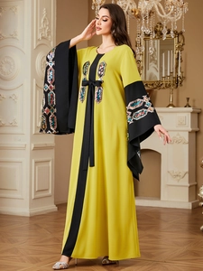 Yellow Kaftan dress with black sequins embroidery and elegant bow tie waist design