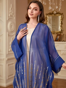 Elegant royal blue embroidered two-piece maxi dress with gold trim and sequins for women