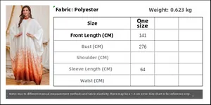Size chart and dimensions for the gradient batwing sleeve Jalabiya long dress