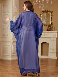 Elegant navy blue embroidered kaftan dress with a tied waist bow for women's fashion