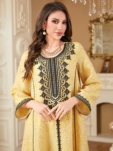 Yellow bohemian long dress with black embroidery and floral jacquard patterns