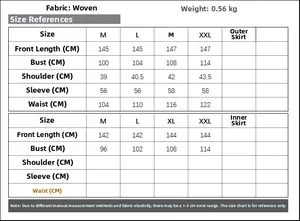 Detailed size chart for the embroidered two-piece woven kaftan dress including dimensions