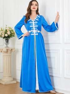 Elegant royal blue kaftan two-piece dress with white embroidery and floral belt accents