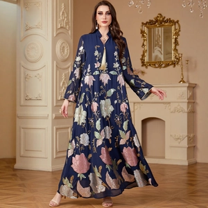 Women's Royal Blue Chiffon Maxi Dress Sequin Floral Embroidery Kaftan Abaya Long Sleeve Tassel V-Neck Elegant Evening Robe