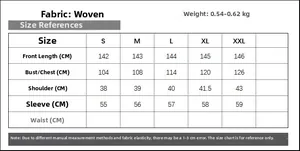 Size chart for white printed long dress showing woven fabric details and dimensions from S to XXL