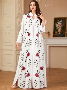 Women Floral Printed White Maxi Dress Ethnic Long Sleeve Abaya Kaftan V Neck Loose Party Robe Elegant Woven Dress