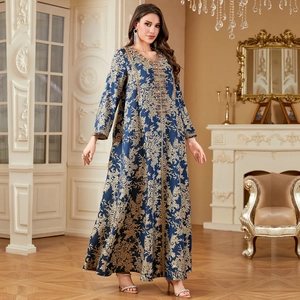Elegant deep teal Kaftan dress with golden floral embroidery and beaded V-neckline