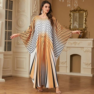 Elegant maxi kaftan dress with orange and black gradient stripe print and batwing sleeves