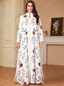 Elegant white floral printed kaftan dress with long sleeves and a V-neckline collar