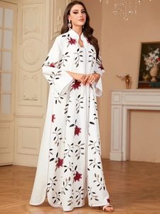 Elegant white maxi dress with red floral print and stand collar in abaya style