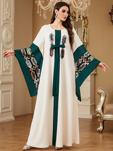 Elegant Kaftan dress with sequin embroidery and bell sleeves in beige and green