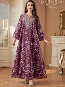Damen Ethno-Stickerei Pailletten V-Ausschnitt Kaftan Maxikleid Eleganter Geometrischer Druck Langarm Lockerer Robe Abaya Party