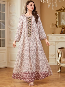 Women Elegant Embroidery Abaya Maxi Dress Polyester Geometric Print Long Sleeve Loose Kaftan Robe Party Evening Dress