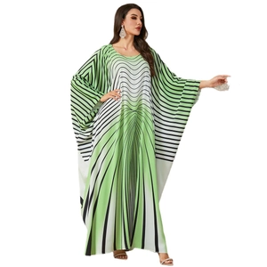 Elegant light green kaftan maxi dress with geometric stripes and batwing sleeves