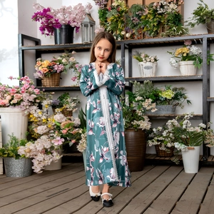 Robe Caftan à Manches Longues à Fleurs pour Filles Style Ethnique Bohème Vert Foncé avec Bordure en Dentelle