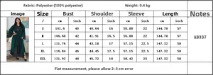 Detailed size guide table for long dress with sequin embroidery and polyester fabric specs