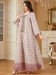 Elegant white polyester Abaya with red geometric patterns and gold sequin embroidery