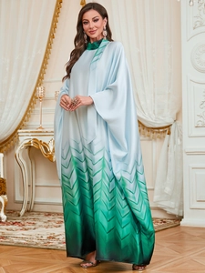 Detail of satin gradient jalabiya with V-shaped layered texture and high stand collar