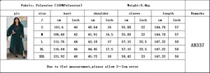 Size chart for sequins embroidery long dress with detailed bust and length measurements