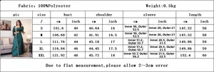 Detailed size chart for ethnic print embroidery mesh long dress showing dimensions