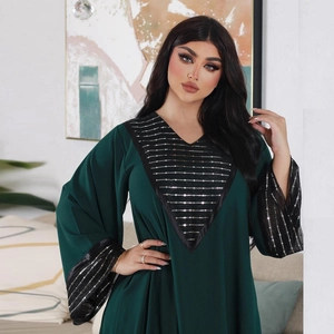 Elegant dark green kaftan dress with silver sequin embroidery on V-neck and sleeves