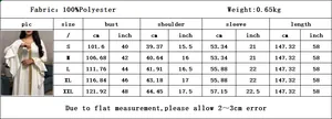 Size chart for lotus sleeve dress with gold embroidery showing bust and length in cm and inch