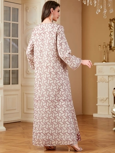 Elegant cream polyester kaftan dress with long sleeves and brown geometric embroidery pattern