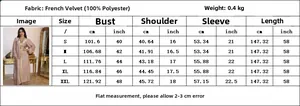 Size chart showing measurements for the champagne velvet hooded dress from S to XXL