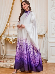 Luxurious gradient purple Jalabiya dress with geometric arrow textures on satin fabric
