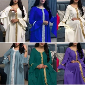 Women Ethnic Kaftan Abaya Maxi Dress Gold Embroidery Ruffle Bell Sleeve Elegant Polyester Party Evening Gown Dress