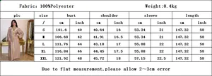 Detailed size chart for champagne hooded velvet dress showing S-XXL measurements