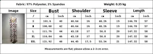 Size chart table for floral maxi dress showing S to XXL measurements in cm and inches