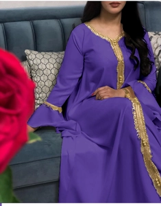 Detailed embroidery gold lace on purple kaftan dress with ruffle sleeves