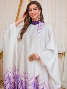 Detail of purple geometric gradient embroidery on white satin Kaftan with stand collar