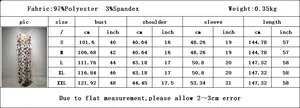 Detailed size guide table for floral long dress with measurements in inches and centimeters