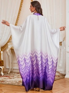 Elegant purple gradient satin kaftan dress with high collar and batwing sleeves detail