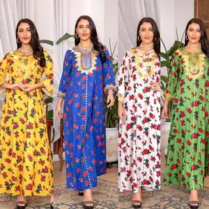 Women Ethnic Floral Print Maxi Dress Kaftan Long Sleeve Gold Embroidery Bohemian Abaya Party Dress