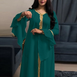 Elegant dark green Muslim kaftan dress with gold embroidery and double flared sleeves
