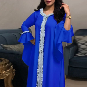 Royal blue kaftan dress with white embroidery and ruffled bell sleeves for women