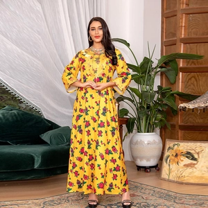 Ethnic yellow long-sleeve maxi dress with floral print and gold embroidery detail