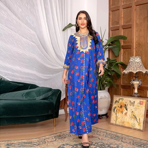 Ethnic navy blue maxi dress with red floral prints and intricate neck embroidery