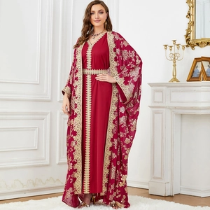 Elegant dark red two-piece kaftan dress set with gold floral sequin embroidery and belt