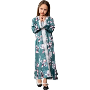 Robe kaftan à fleurs vert foncé pour filles avec dentelle blanche et boutons en perle