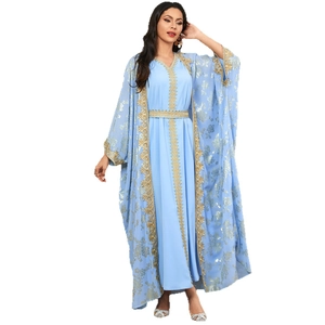 Sky blue kaftan maxi dress with elaborate gold embroidery and elegant floral print