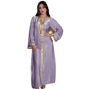 Elegant champagne purple satin kaftan with golden embroidery trim and long sleeves