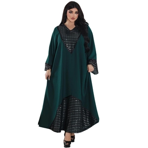 Dark green Middle Eastern style maxi dress with silver sequin embroidery on neck and cuffs
