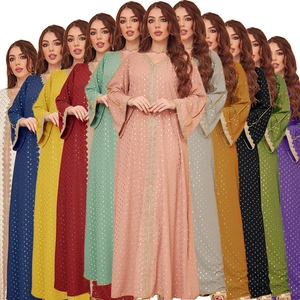 Damen Muslim Kaftan Abaya Langarm Maxikleid Bronzierte Punkte Häkelspitze Ethno Partykleid