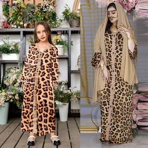 Leopard Print Kaftan Maxi Dress With Gold Lace Trim Long Sleeve V-Neck Ethnic Abaya For Girls Women Parent-Child Outfit
