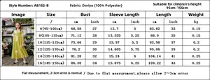Size chart for girls bohemian princess dress with feather trim detailing in yellow